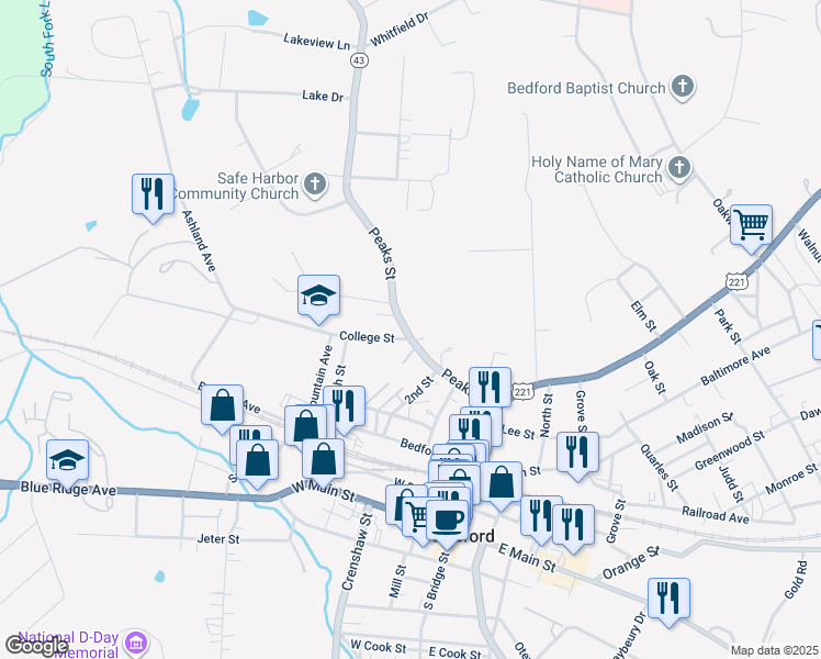 map of restaurants, bars, coffee shops, grocery stores, and more near 704 Peaks Street in Bedford