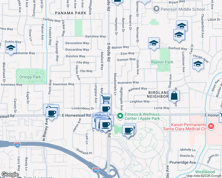 map of restaurants, bars, coffee shops, grocery stores, and more near 1626 South Wolfe Road in Sunnyvale