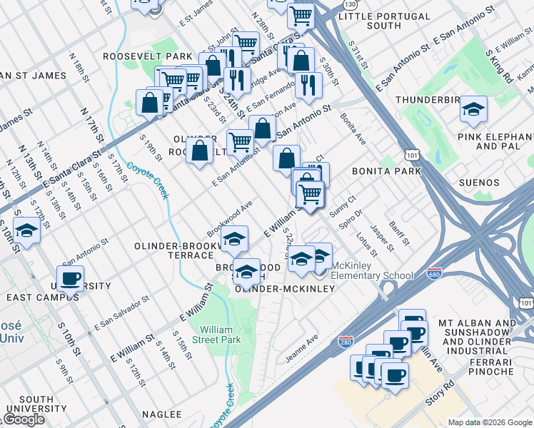 map of restaurants, bars, coffee shops, grocery stores, and more near 366 South 22nd Street in San Jose