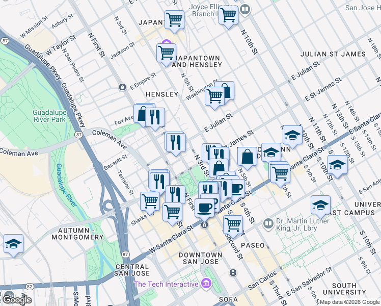map of restaurants, bars, coffee shops, grocery stores, and more near in San Jose