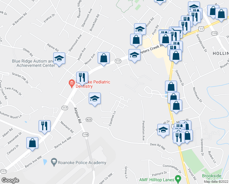 map of restaurants, bars, coffee shops, grocery stores, and more near 6509 Carefree Lane in Roanoke