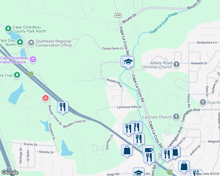 map of restaurants, bars, coffee shops, grocery stores, and more near 2028 Walden Pond Way in Cape Girardeau