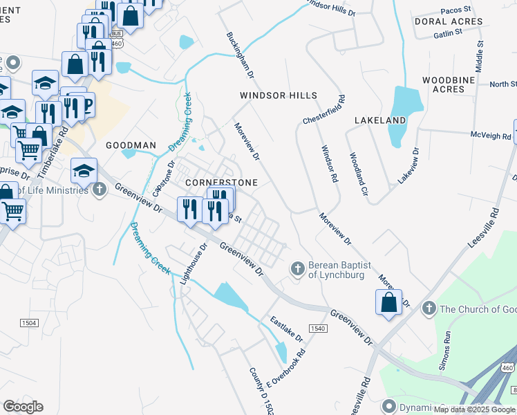 map of restaurants, bars, coffee shops, grocery stores, and more near 226 Colonnade Street in Lynchburg