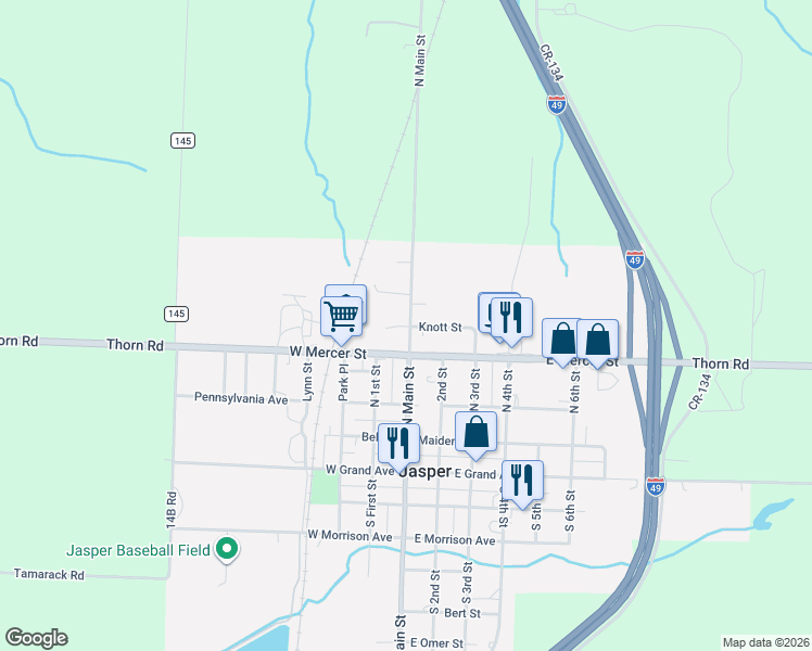 map of restaurants, bars, coffee shops, grocery stores, and more near 411 North Main Street in Jasper