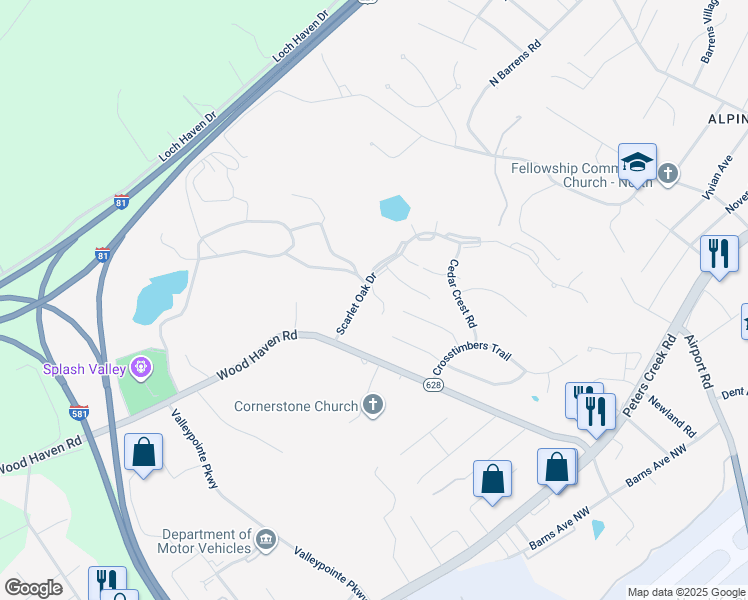 map of restaurants, bars, coffee shops, grocery stores, and more near 6943 Black Walnut Court in Hollins