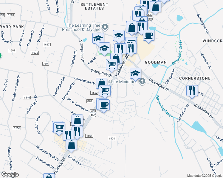 map of restaurants, bars, coffee shops, grocery stores, and more near 20508 Timberlake Road in Lynchburg
