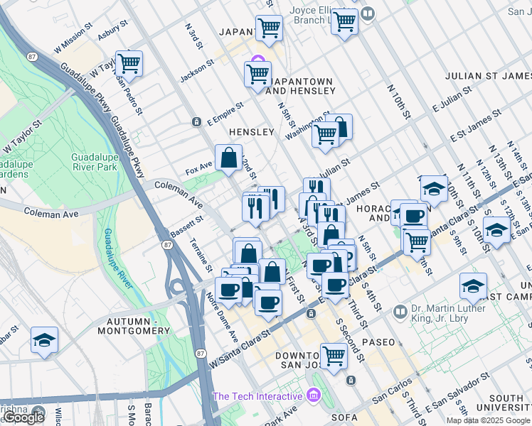 map of restaurants, bars, coffee shops, grocery stores, and more near 30 East Julian Street in San Jose