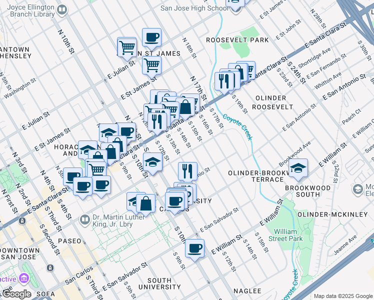 map of restaurants, bars, coffee shops, grocery stores, and more near 99 South 14th Street in San Jose
