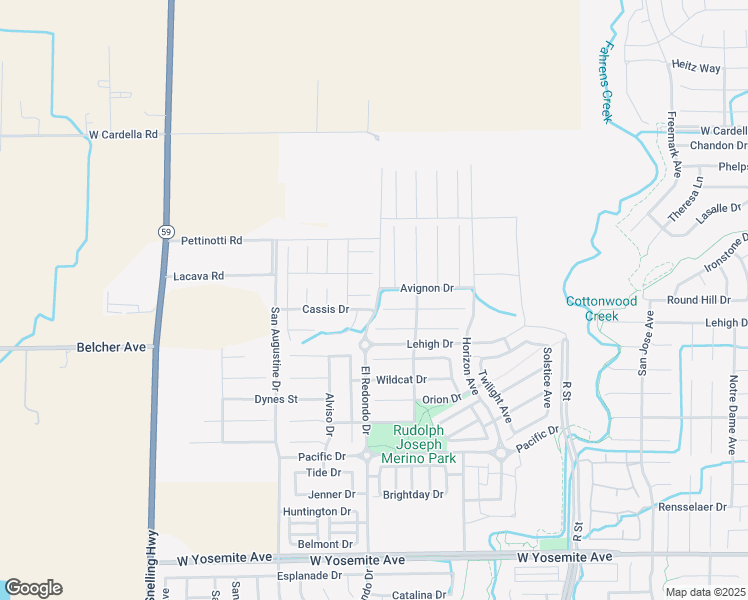 map of restaurants, bars, coffee shops, grocery stores, and more near 1292 Avignon Drive in Merced