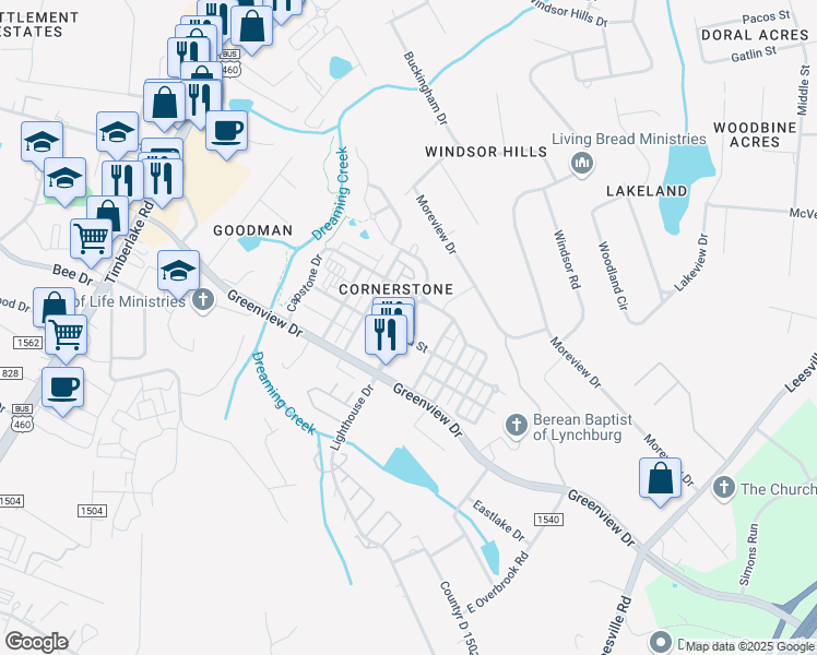 map of restaurants, bars, coffee shops, grocery stores, and more near 200 Cornerstone Street in Lynchburg
