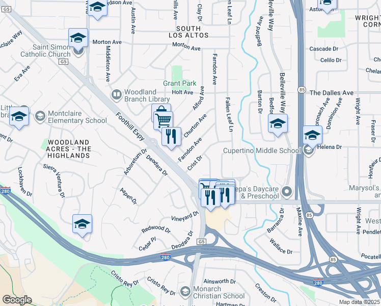 map of restaurants, bars, coffee shops, grocery stores, and more near 2019 Farndon Avenue in Los Altos