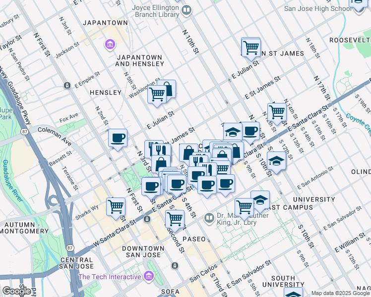 map of restaurants, bars, coffee shops, grocery stores, and more near 167 North 6th Street in San Jose