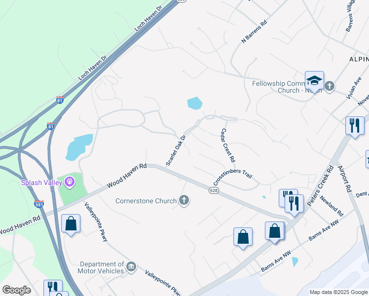 map of restaurants, bars, coffee shops, grocery stores, and more near 6943 Black Walnut Court in Hollins