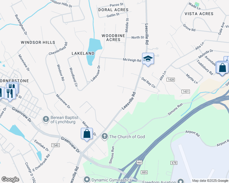 map of restaurants, bars, coffee shops, grocery stores, and more near 736 Leesville Road in Lynchburg