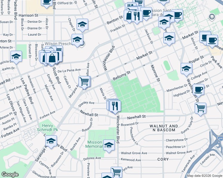 map of restaurants, bars, coffee shops, grocery stores, and more near 480 North Winchester Boulevard in Santa Clara