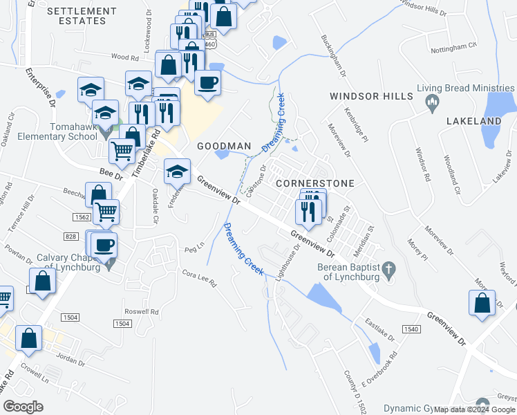 map of restaurants, bars, coffee shops, grocery stores, and more near 1200 Greenview Drive in Lynchburg