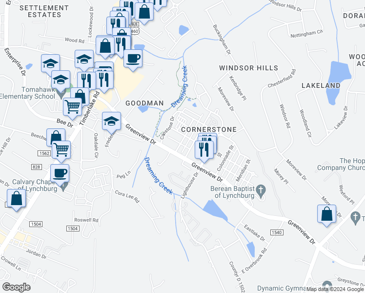 map of restaurants, bars, coffee shops, grocery stores, and more near 116 Capital Street in Lynchburg