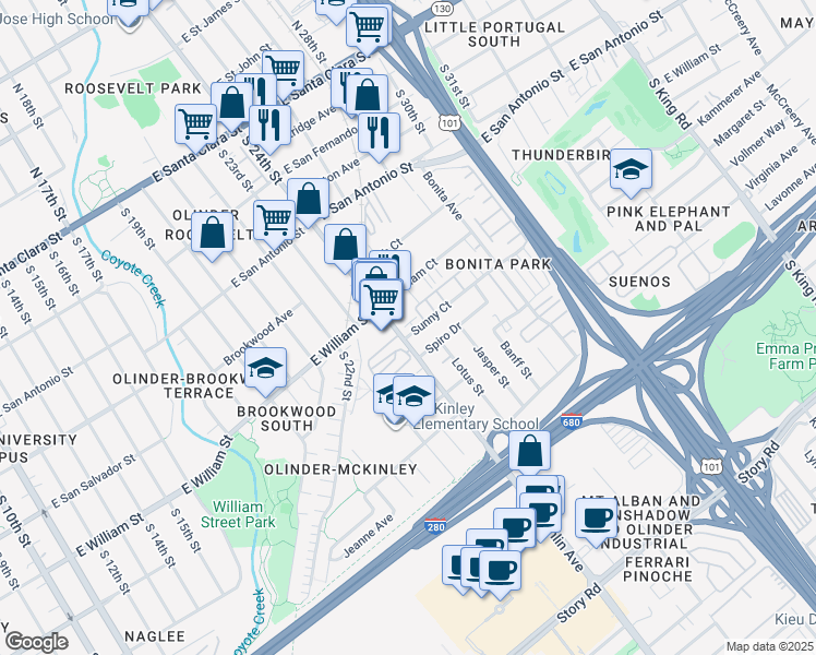 map of restaurants, bars, coffee shops, grocery stores, and more near 1121 Sunny Court in San Jose