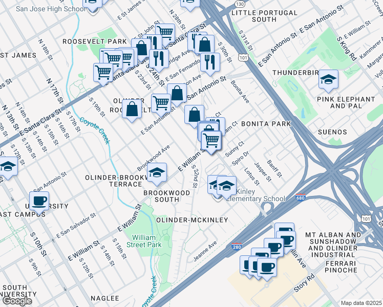 map of restaurants, bars, coffee shops, grocery stores, and more near 366 South 22nd Street in San Jose