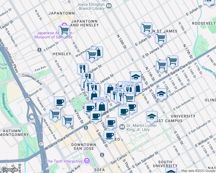 map of restaurants, bars, coffee shops, grocery stores, and more near 167 North 6th Street in San Jose