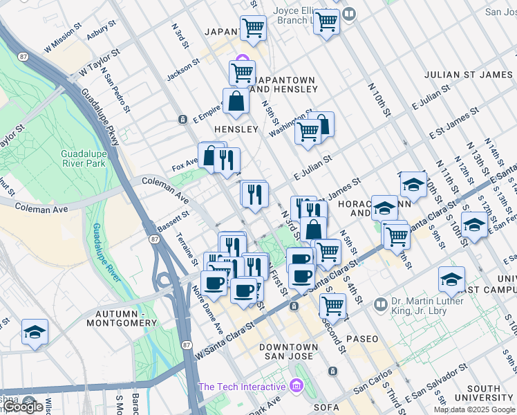 map of restaurants, bars, coffee shops, grocery stores, and more near 45 East Julian Street in San Jose