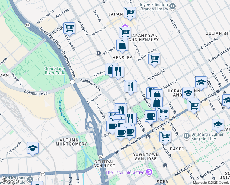 map of restaurants, bars, coffee shops, grocery stores, and more near 329 North 1st Street in San Jose