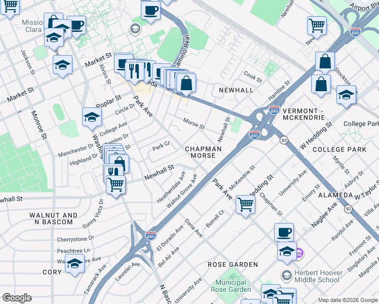 map of restaurants, bars, coffee shops, grocery stores, and more near 2140 Park Avenue in Santa Clara