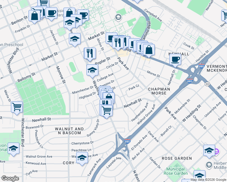 map of restaurants, bars, coffee shops, grocery stores, and more near 901 Hilmar Street in Santa Clara