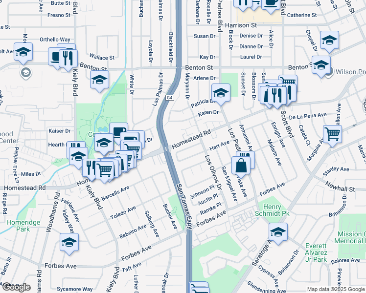 map of restaurants, bars, coffee shops, grocery stores, and more near 2465 Armstrong Place in Santa Clara