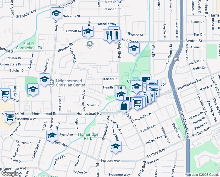map of restaurants, bars, coffee shops, grocery stores, and more near 2860 Kaiser Drive in Santa Clara