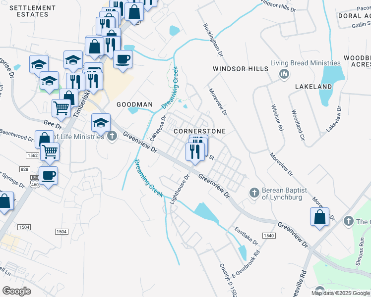 map of restaurants, bars, coffee shops, grocery stores, and more near 303 Rotunda Street in Lynchburg