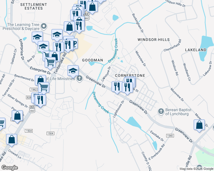 map of restaurants, bars, coffee shops, grocery stores, and more near 100 Capstone Drive in Lynchburg