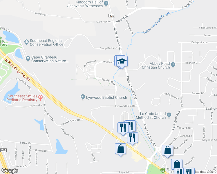 map of restaurants, bars, coffee shops, grocery stores, and more near 2832 Walden Boulevard in Cape Girardeau