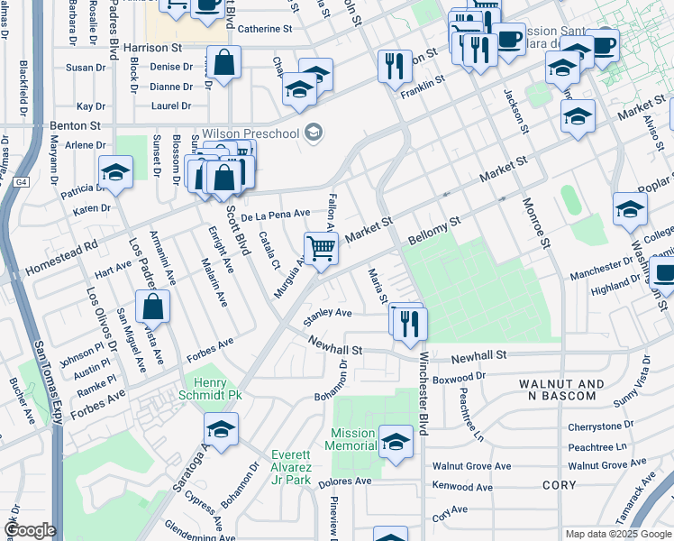 map of restaurants, bars, coffee shops, grocery stores, and more near 1957 Bellomy Street in Santa Clara
