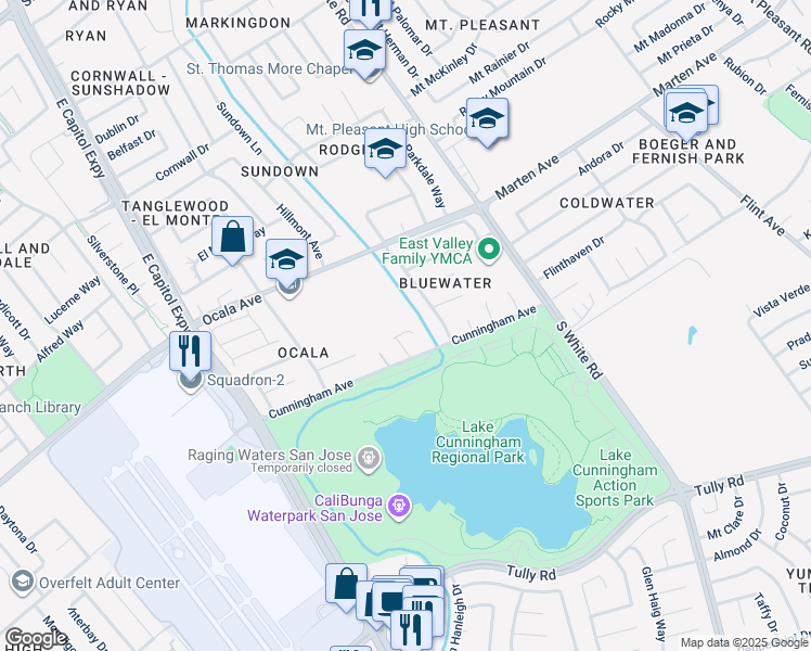 map of restaurants, bars, coffee shops, grocery stores, and more near 2195 Cunningham Court in San Jose