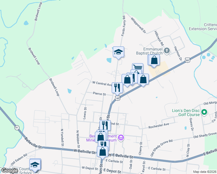 map of restaurants, bars, coffee shops, grocery stores, and more near 115-123 West Central Avenue in Marion