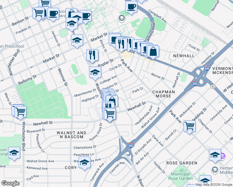 map of restaurants, bars, coffee shops, grocery stores, and more near 901 Hilmar Street in Santa Clara
