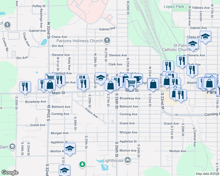 map of restaurants, bars, coffee shops, grocery stores, and more near 110-116 North 27th Street in Parsons