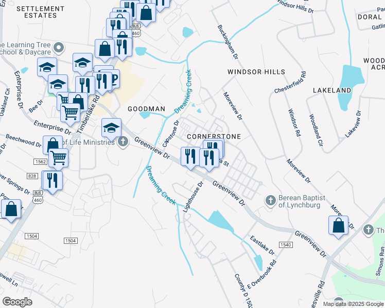 map of restaurants, bars, coffee shops, grocery stores, and more near 118 Capital Street in Lynchburg