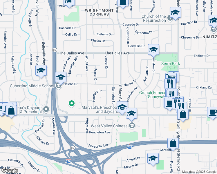 map of restaurants, bars, coffee shops, grocery stores, and more near 1602 Kamsack Drive in Sunnyvale