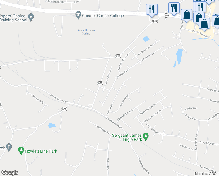 map of restaurants, bars, coffee shops, grocery stores, and more near 13585 Green Spire Court in Chester