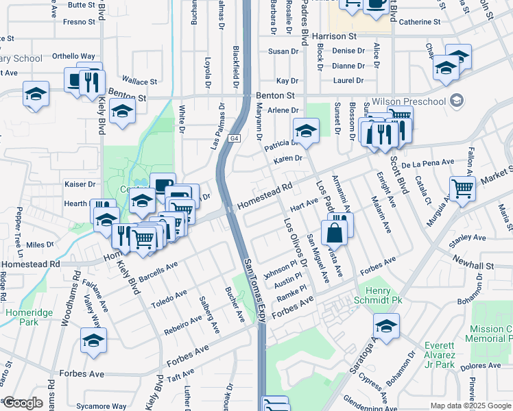 map of restaurants, bars, coffee shops, grocery stores, and more near 2465 Armstrong Place in Santa Clara
