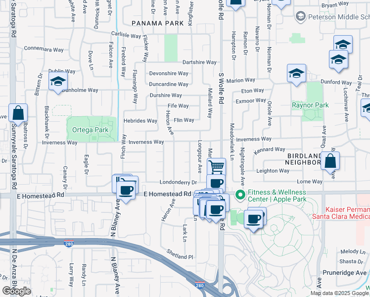 map of restaurants, bars, coffee shops, grocery stores, and more near 812 Inverness Way in Sunnyvale