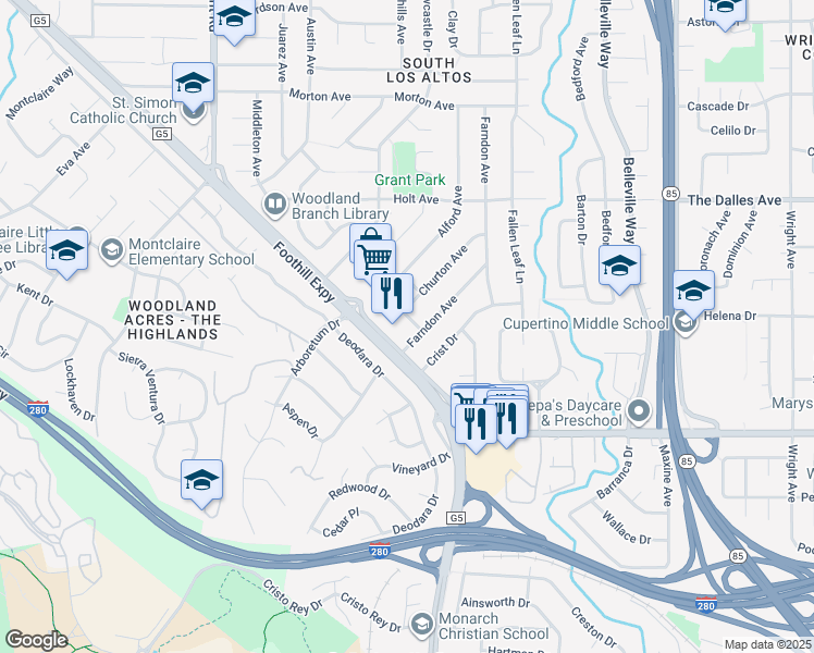 map of restaurants, bars, coffee shops, grocery stores, and more near 1580 Neston Way in Los Altos