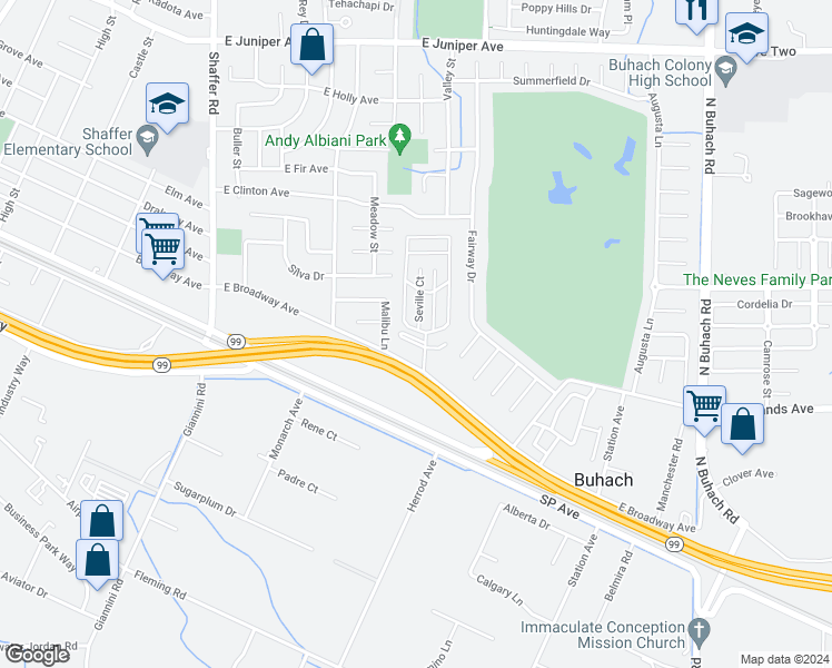 map of restaurants, bars, coffee shops, grocery stores, and more near 2 Rancho Grande Circle in Atwater