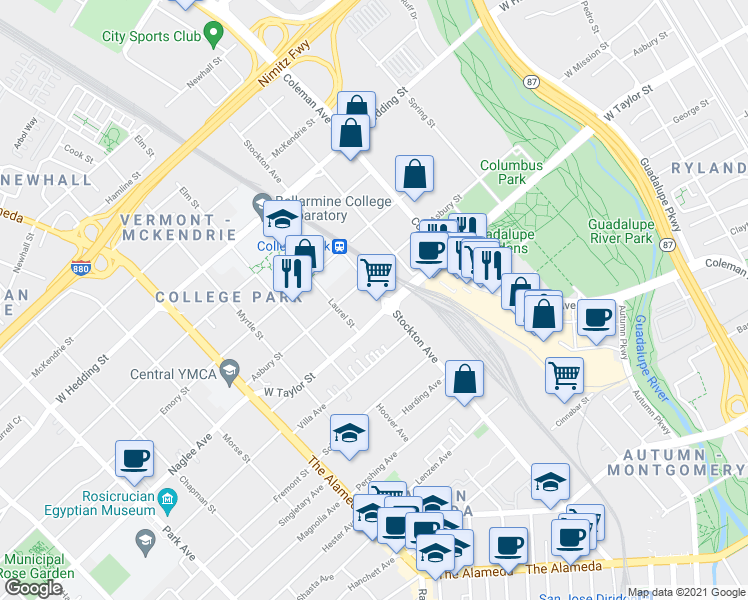 map of restaurants, bars, coffee shops, grocery stores, and more near 721 Stockton Avenue in San Jose