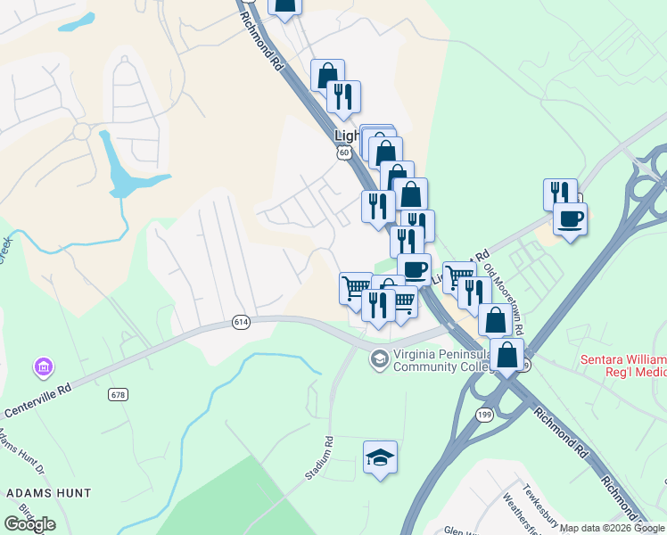 map of restaurants, bars, coffee shops, grocery stores, and more near 4628 Minutemen Way in Williamsburg