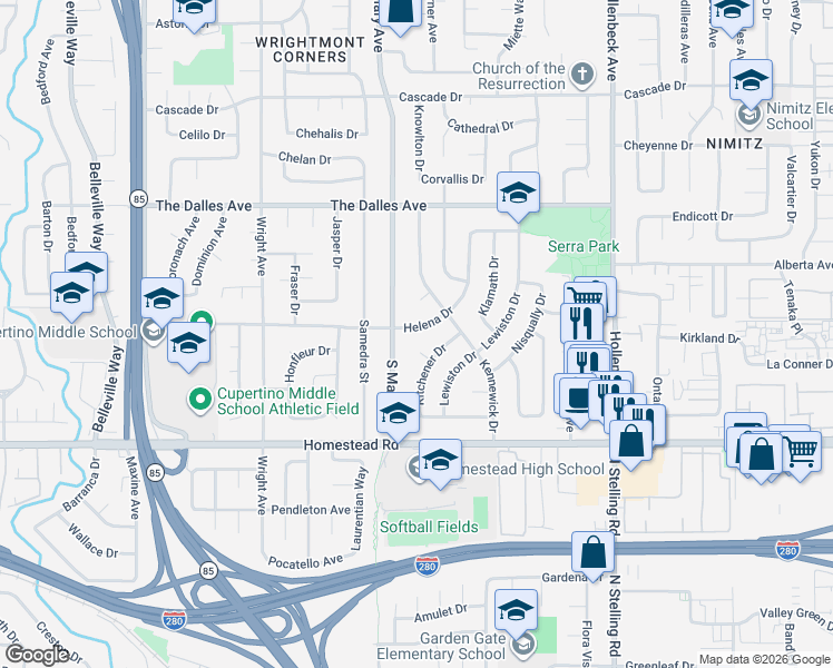 map of restaurants, bars, coffee shops, grocery stores, and more near 892 Helena Drive in Sunnyvale