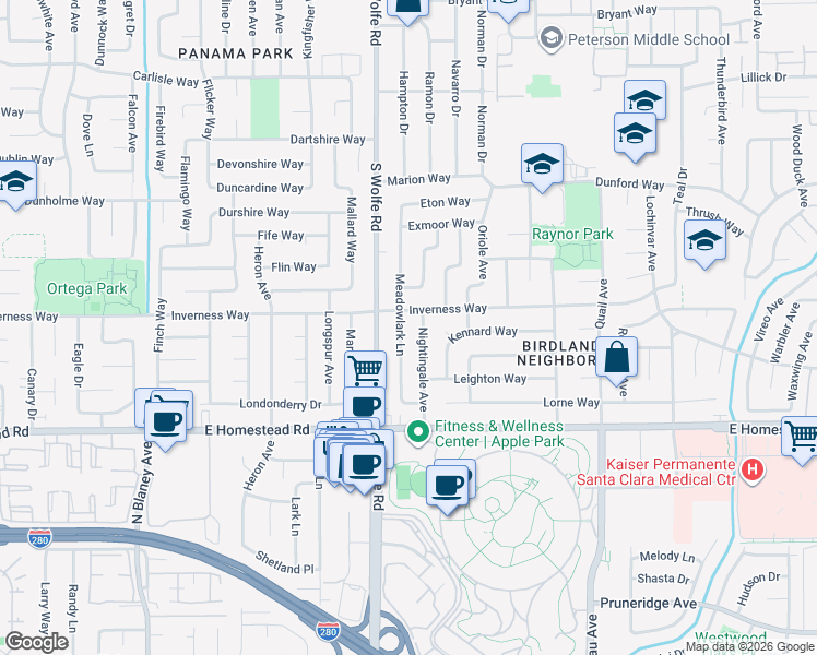 map of restaurants, bars, coffee shops, grocery stores, and more near 1618 Meadowlark Lane in Sunnyvale
