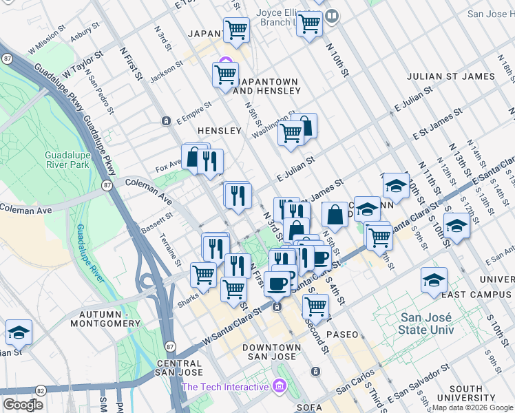 map of restaurants, bars, coffee shops, grocery stores, and more near 255 North 3rd Street in San Jose